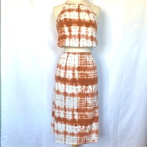 LARK + GREY 2-PIECE CROP TOP MIDI SKIRT WHITE/BURNT ORANGE TIE-DYE DRESS NEW SzS